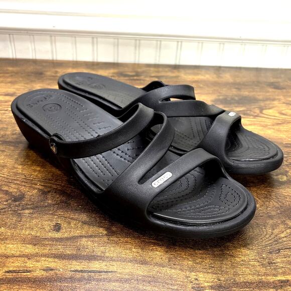 Crocs Size 11 Patricia Sandals 2" Platform Wedge Water Shoes Strappy Black - Picture 1 of 12
